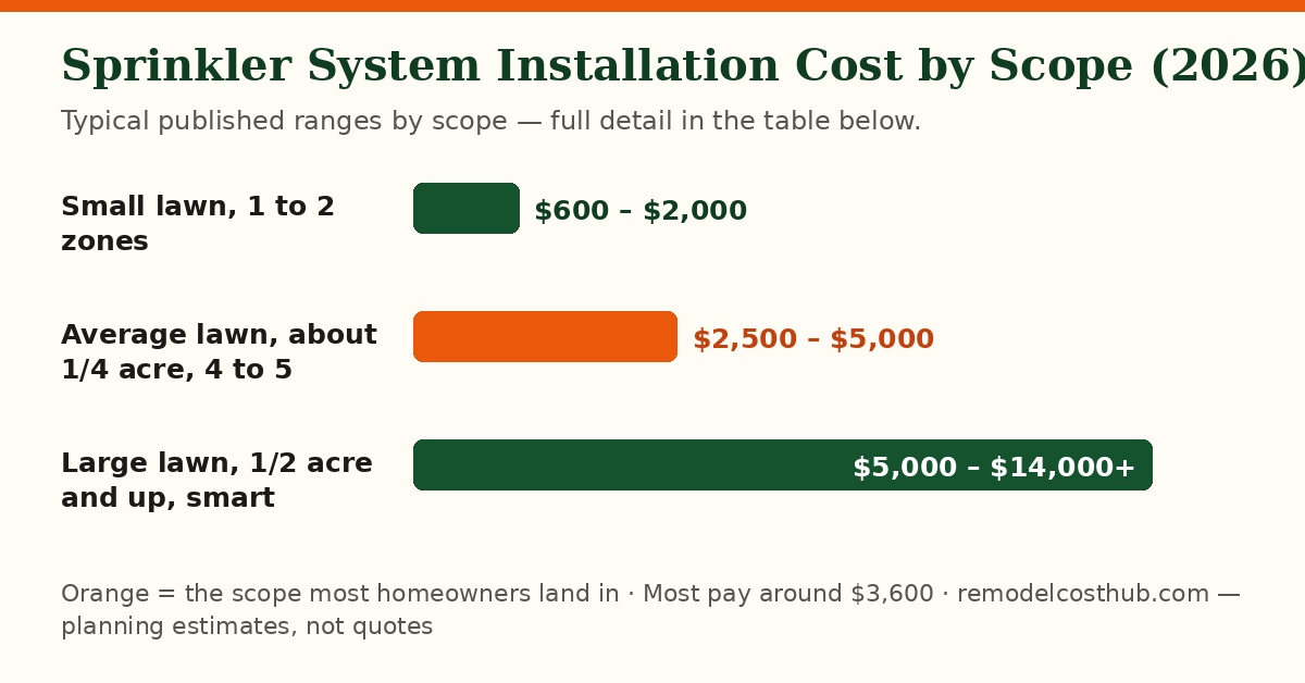 Sprinkler System Installation cost ranges by scope — chart of the table below