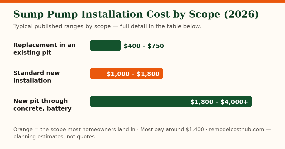 Sump Pump Installation cost ranges by scope — chart of the table below