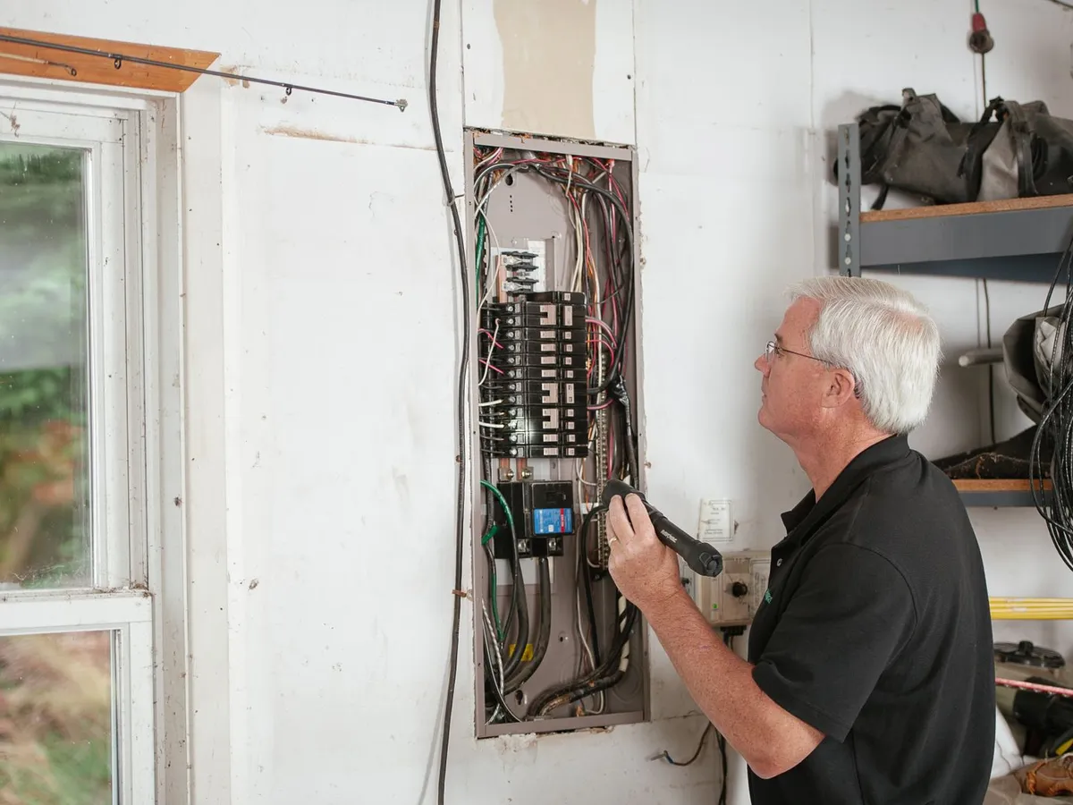 Electrician inspecting an open residential breaker panel in a garage with a flashlight