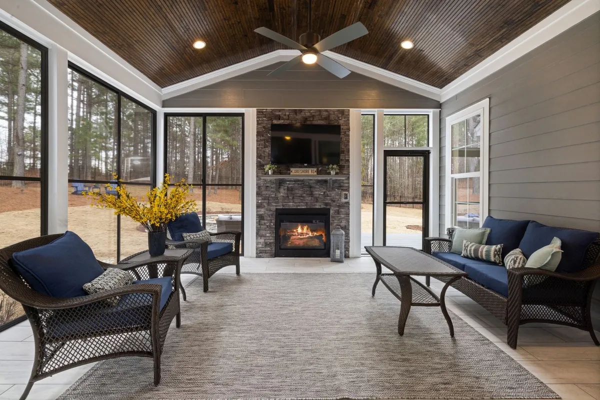 Porches and ceilings are priced in the same per-square-foot bands as walls — HomeGuide prices a 150–250 sq ft ceiling at $450–$2,800 and exterior shiplap at $3–$8 per square foot
