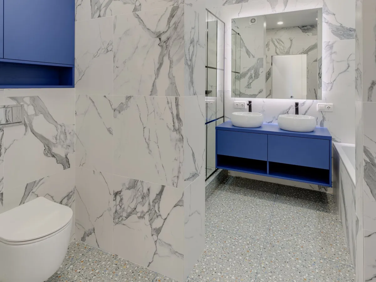 Wall-hung toilet installed in a renovated bathroom
